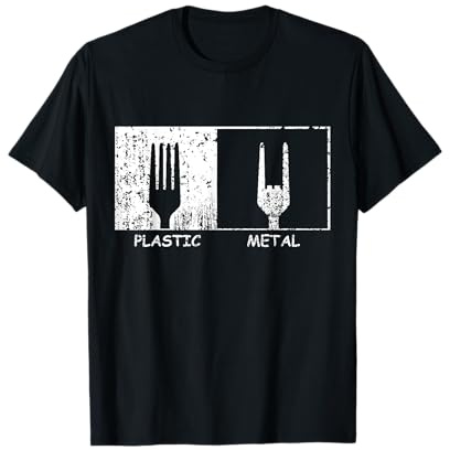 Plastic vs. Metal T-Shirt - Sign of the Horns Fork T-Shirt