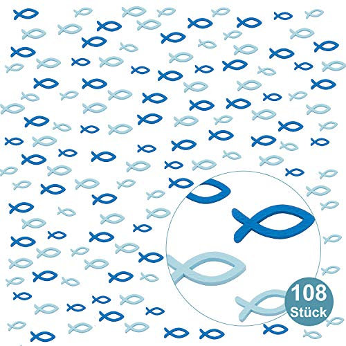 Oblique Unique® 108 Holz Fische Tischdeko Taufdeko Streuartikel Streudeko Verzierung für Taufe Kommunion Konfirmation Firmung Blau Mix - Echtholz