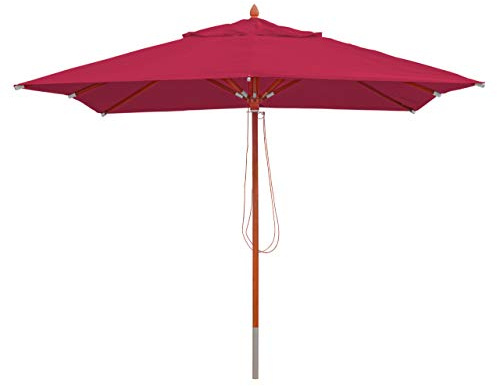 Mendler Gastronomie Holz-Sonnenschirm HWC-C57 eckig 3x3m - bordeaux | Gartenschirm, Polyester/Holz, 14kg, Seilzug, stoßsicher