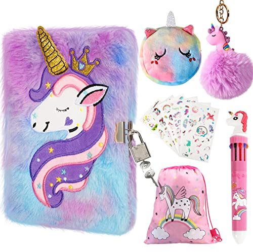 homicozy Journal Intime Fille, 6 Pièces Carnet Secret Licorne Enfant avec Cadenas et Clé, 160 Pages Recto-verso A5 Peluche Cahier, Papeterie Cadeau avec Stylo, Autocollants pour filles 6 7 8 9 Ans