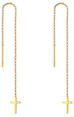 JewelryWe Schmuck Durchzieher Ohrringe Edelstahl Kreuz Lange Kette Einfädler Ohr Linie Ohrhänger für Frauen Mädchen Gold
