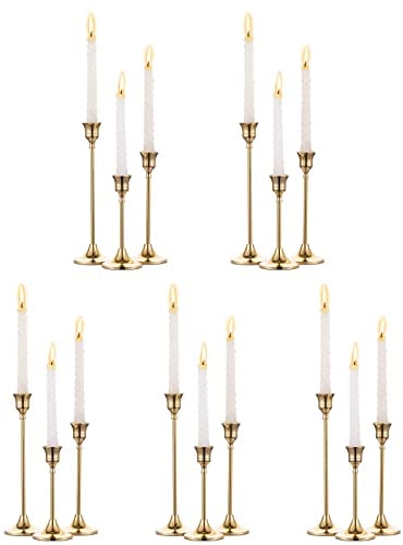 NUPTIO Satz von 5(15 Stück Messing Gold Metall Taper Kerzenhalter, Vintage Kerzen Ständer Herzstück für Tisch Kaminsims Hochzeit Housewarming Geschenk, Kerzenhalter Stabkerze für Weihnachten Deko