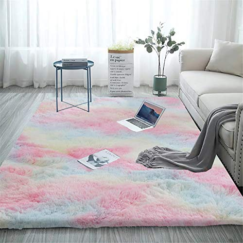Aujelly Soft Area Hochflor-Teppich für Schlafzimmer, flauschig, Mehrfarbig, Regenbogen, Batik-Motiv, 120 x 200 cm