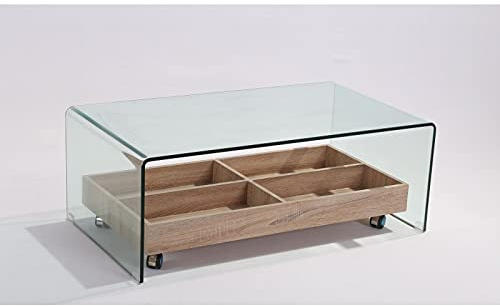 SDM Mesa Baja Rectangular de diseño Ariadna, Cristal Curvado. Parte Inferior con Elemento Auxiliar de MDF con Ruedas. 110x55 cms