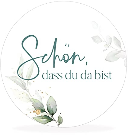 white & ivory 50 runde Aufkleber, Sticker SCHÖN DASS DU DA BIST | türkis | 4cm Durchmesser | Gastgeschenke für Hochzeit Taufe Geburtstag | selbstklebend | stilvolles Design