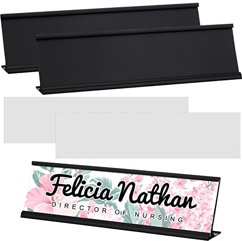 2 Sets Aluminum Office Nameplates with Name Plate Holder for Desk Personalized Custom Blank Sublimation Plates Black Door Sign Holder Name Plate Holder Blank Name Plates for Business, 8 x 2 Inch