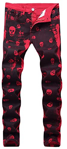 Kengue Men's Straight Slim Fit Printed Jeans Skinny Denim Pants, Z 44-skullred, 38