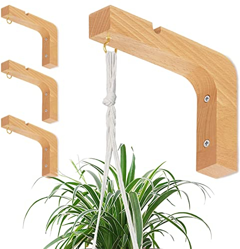 DSVENROLY 4 Pack Wooden Hanging Plant Hooks, Premium Beech Wood Wall Plants Hangers Indoor, Decorative Wall Mounted Hanging Plant Bracket Hanger for Planter Flower Basket Pot Wind Chimes (Beige)