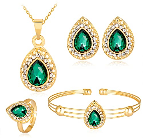 QKEPCY Schmuckset Ohrring/Halskette/Armband/Ring für Damen und Mädchen Wassertropfenform Anhänger Halskette Ohrringe Armband und Ringe Set Passend für Frauen Hochzeit Prom Partei (Grün)