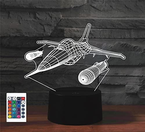 SUPERRUIDALONG 3D Fighter Plane Fernbedienung 16 Farben Nachtlichter Illusion Acryl LED Tisch Nachttisch Lampe Kinder Schlafzimmer Schreibtisch Dekor Geburtstag Geschenke Spielzeug für Kinder