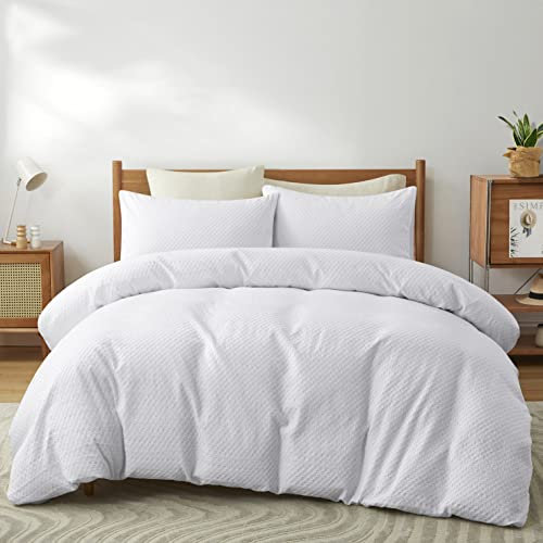 Coastline Stylish Ruched crinkle Square Allover White Quilt duvet cover with pillow case bedding set,Single/Double/King/Superking (Pure White, Double)