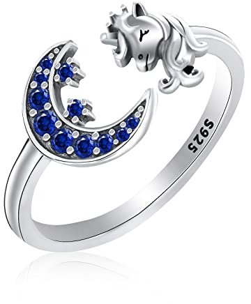 Qings Sterlingsilber Mond Ring Offen Verstellbare Einhorn Ringe mit Cubic Zirkonia Niedliche Tierringe Schmuck Geschenke für Tochter Frauen Mädchen Einstellbar Öffnen Größe 52-60