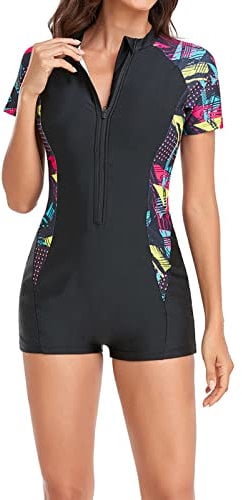 AMhomely Women's One-Piece Swimsuits Sale Clearance Women Short Sleeve Swimsuit Sexy Summer Beach Surfing One-Piece Zipper Swimwear UK Vintage Push Up Monokinis Casual Beach Bathing Suits, 07 Black