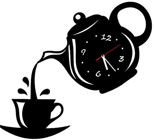 DION Teapot And Cup Wall Clocks, DIY Acrylic Wall Clock Kitchen, Teapot Silent Wall Clocks For Living Room, Creative Home Decoration For Bedroom, TV Background Wall(Black)