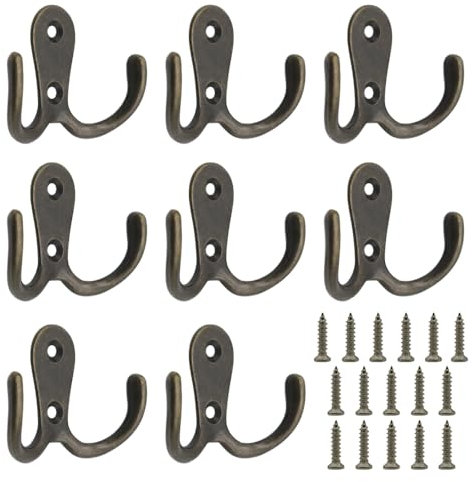 lyualma 8 Piezas Ganchos Dobles con Tornillos, Antiguo Ganchos de Dobles Retro, Ganchos Percheros de Pared de Retro, para Baño,Cocina,Oficina, Cobre