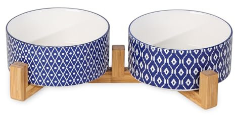 Selamica Ceramic 30 OZ Dog Bowls, Dog Food and Water Bowls with Wooden Stand, Anti-Slip Dog Dishes Set for Cats Small & Medium Sized Dogs, Weighted Pet Bowls Set of 2, Vintage Blue A
