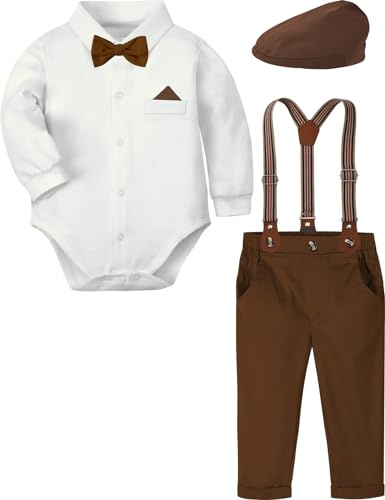 mintgreen Baby Junge Anzug Gentleman Hochzeit Kleidung Formell Hemd Set Hosenträger Fliege mit Hut, Braun, 3-6 Monate, 60