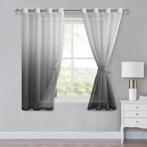 XWZO Voile Gardinen mit Ösen Vorhänge Farbverlauf Vorhang Sheer Ombre Gardinen 2 er Set für Schlafzimmer und Wohnzimmer Schlaufengardinen mit Raffhalter H145xB140cm Grau