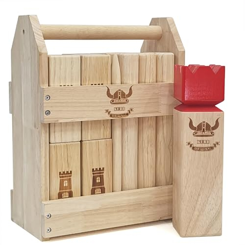 Kubb Game Set - Hardwood Viking Games with Rubber Wood Crate -KUBB Throwing Outdoor Games (Regulation, Red King)