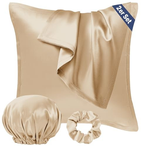 Seiwohl Satin Kissenbezug 80x80 2er Set, Weich wie Seidenkissenbezug Silk Pillowcase, Vegane Seide Kopfkissenbezug Kissenhülle Haarschutz für die Nacht mit Haargummi und Haarhaube, Champagner