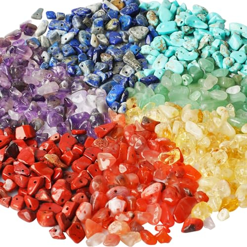 SOSMAR ca. 150G / 7 Farben Chakra Edelstein Perlen naturform mit Bohrung zum Auffädeln Schmuck Basteln Armbänder Halskette Anhänger, 1 Box 7 Sortierte Steinperlen Naturstein Perlen