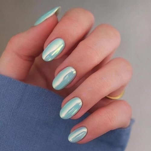 Angwis Lot de 24 faux ongles courts ovales à coller sur les ongles métalliques à coller sur les ongles - Couverture complète - Accessoires pour nail art - Bleu ciel