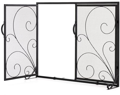 LIFEZEAL Antichispas para Chimeneas de Leña, Rejilla para Chimeneas, Protección para Estufas, Rejilla de 3 Paneles con Asas, Malla Decorativa, 96x35x78 cm, Negro