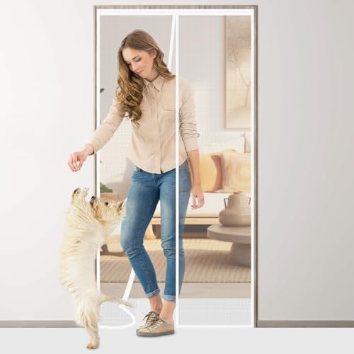 Flintronic Magnetic Fly Screen Door, 100x210cm Heavy Duty Mesh Curtain with Repair Subsidy, Fly Screens Doors Nets Patio Curtain Insect Mesh with Powerful Magnets & Full Frame Magic Tape, White