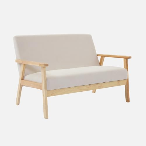 2-Sitzer-Sofa aus Holz und mit Cord-Bezug in Cremeweiß, B 114 x T 69,5 x H 73 cm - Isak