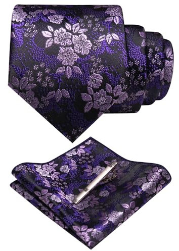 JEMYGINS Herren Blumen Krawatten und Einstecktuch Sets mit Krawattenklammer in verschiedenen Farben erhältlich,Lila/Trauben