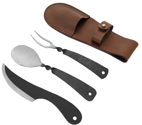 Lord of Battles Set di posate rustiche vichinghe | Confezione di coltello, forchetta e cucchiaio medievali con custodia in vera pelle | Set di mangime forgiato a mano