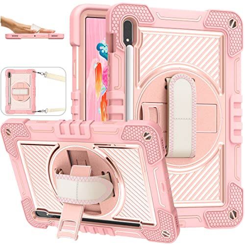 ERDARARIPRO Custodia per tablet Samsung Galaxy Tab S7/Tab S8 11 pollici, graziosa custodia antiurto con supporto girevole a 360°, cinturino da polso e portapenne, oro rosa