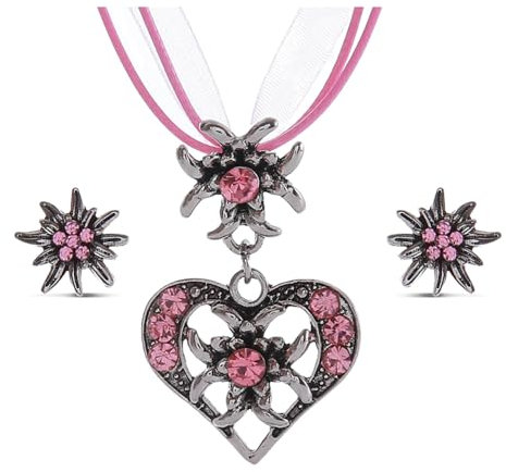 Bieiyhe Trachtenschmuck Damen Set, Dirndl Schmuck Oktoberfest Accessoires, Trachtenkette und Ohrringe, Outfit zum Oktoberfest, Dirndl Halskette, Dirndlschmuck Herz mit Edelweiss und Rosa Band