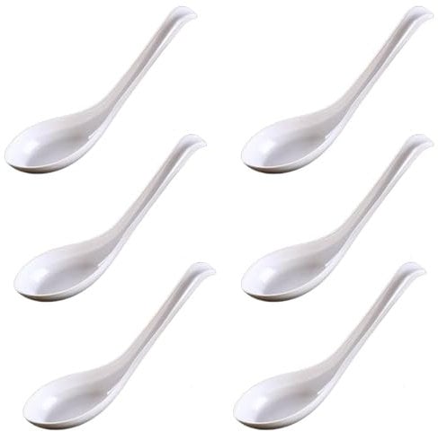 6 Pcs White Ramen Noodle Ladle Rice & Soup Spoons Serving Spoons Chinese Won Ton Soup Spoon Asian Plain Style, Plastic Teaspoons