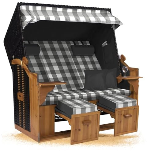 Strandkorb Hanse Strandkorb Ostsee ROYAL XXL Volllieger - 2,5 Sitzer 150cm extra breit - ideal für Garten, Terrasse oder Balkon (Grau Weiß Kariert, Zerlegt)