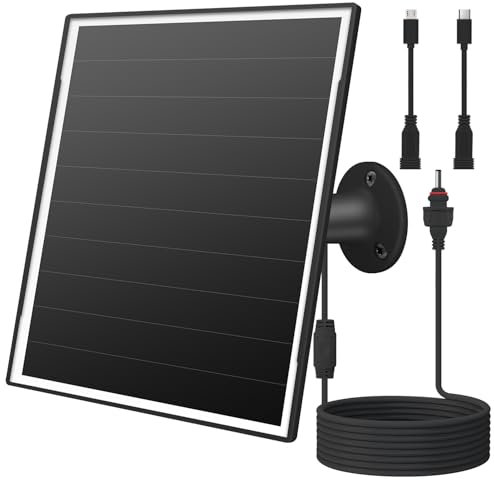 Chargeur de panneau solaire 8W pour caméras de sécurité extérieures. Ports Micro USB/USB - C & DC (3,5×13,5 mm), compatible avec eufy, wyze, Ring. Système de stabilisation pour protéger la batterie.