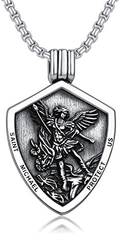 Seiyang St Michael Halskette 925 Sterling Silber Erzengel Michael Medaille Heiliger Michael Anhänger Religiöses Amulett Schmuck Geschenk für Männer Papa