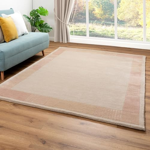 Steffensmeier Nepal Teppich Pokhara | Bordüre | Wohnzimmer | Neuseelandwolle | Rund | Creme Rose, Größe 250x300 cm
