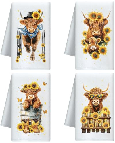CUTHOLLOW 4er-Set Geschirrtücher Mikrofaser mit Motiv lustig Highland-Rind und Sonnenblume - Weich & saugfähig - Deko Küchentücher, Trockentücher für Geschenke, Tee, Kaffee, Bar, Zuhause, Einweihung