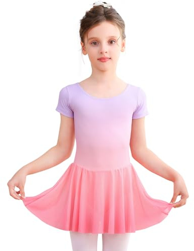 Bezioner Ballettkleidung Mädchen Ballettkleid Kinder Kurzarm Tanzkleid Gradient Ballett Trikot Ballettanzug mit Rock Rosa