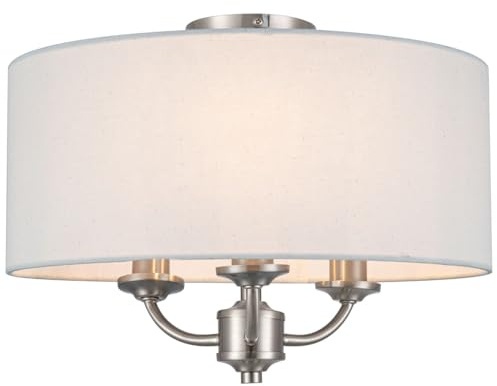 Cosylyte Winston 3-Light Semi Flush Ceiling Light, Classic Faux Linen Drum Shade with Silver Base, E14 LED Compatible, Ceiling Lights for Living Room, Bedroom & Hallway