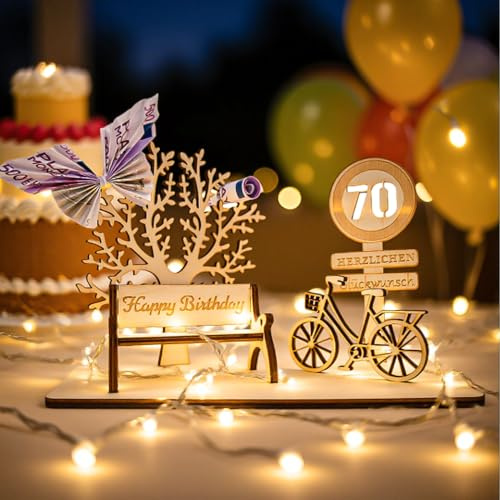 OIOYCLG Regalo di compleanno in legno, decorazione per 70 compleanno con catena luminosa a LED, albero della vita tridimensionale, numeri di legno, bicicletta per regali, matrimoni, feste, compleanni