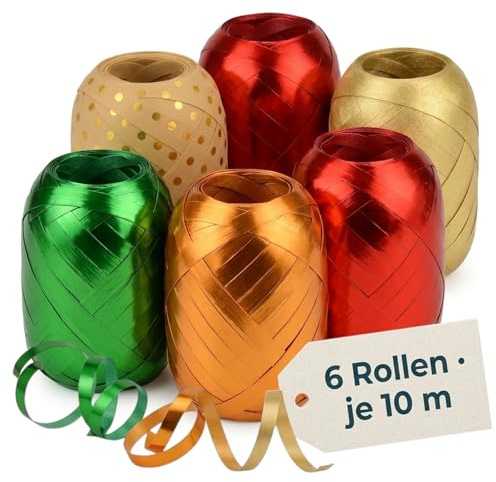 MIJOMA Geschenkband Set – Ringelband Dekobänder zum Verpacken, Basteln und Verzieren – glänzend oder matt für Feiern, Geschenke und kreative Projekte(rot - grün - orange, 6 Rollen Geschenkband je 10m)