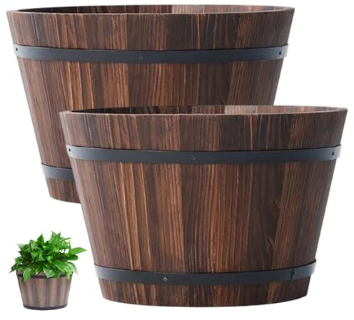 Vistnale Whiskyfass-Pflanzgefäß, 10-Zoll-Holzpflanzgefäß mit Drainagelöchern, stabiles Kunststoff-Weinfass für Pflanzen im Innen- und Außenbereich, rustikale Heim- und Gartendekoration