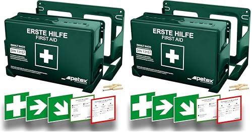 PETEX Betriebsverbandkasten Standard mit Inhalt nach neuer DIN 13157 inkl. praktischer Wandhalterung, 5x Aufkleber, Erste-Hilfe-Koffer, Verbandkasten in grün für Betrieb, Büro, Baustellen