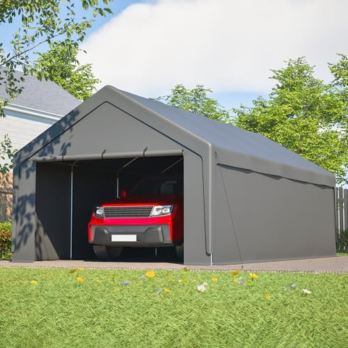 Großer Carport 4x7,5 m mit Seitenwänden – wetterfester Auto Unterstand mit stabilem Stahlgestell, wasserdichte Fahrzeuggarage für Auto, Wohnmobil & Garten, Grau