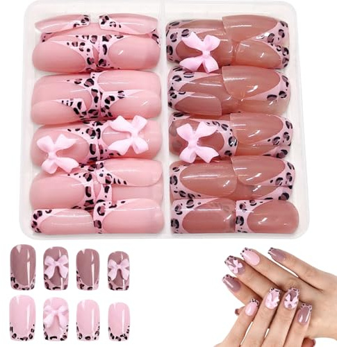 48 Pcs Kids Stick on Nails, Colorful Leopard French Bow Stick on Nailsm, Safe Kids Nails for Little Girls & Teens, Stick on Nails for Ideal for Party, Daily Play & Nail Art Decoration