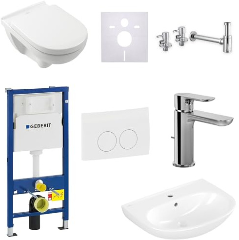 Villeroy & Boch O.Novo Gäste-Bad Komplett-Set mit Wand-WC DirectFlush, Waschbecken 60 cm, Armatur Chrom, Geberit Duofix Basic, Delta25, Siphon, Eckventile & Schallschutzset