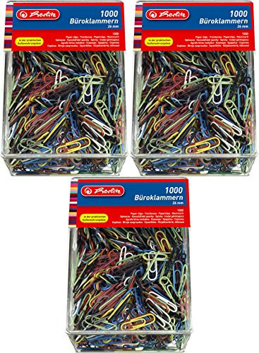 Herlitz Büroklammern 26mm, Farbig Sortiert, 1000 Stück in praktischer Aufbewahrungsbox (3 Boxen, Mehrfarbig)