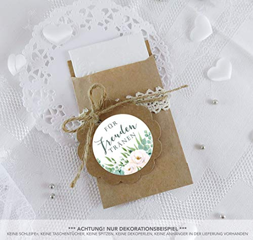 Freuden Tränen Taschentücher Set zur Hochzeit Groß 48 Sticker + 48 braune Flachbeutel 63 x 93 mm Freudentränen Taschentuch Verpackung GRÜN WEIß BOHO HIPPIE ROSEN EUKALYPTUS BLÄTTER ZWEIGE